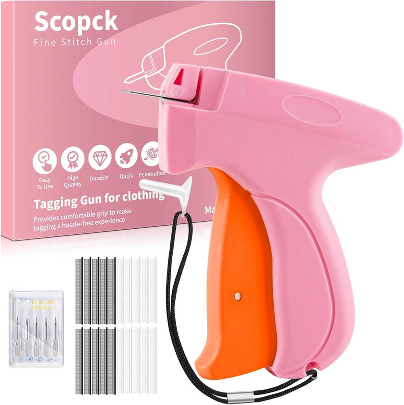 Scopck Stitch Gun for Clothes - Handheld Stitch Gun Quick Clothing Fixer - Tagging Gun - Includes 6 Needle, 1000 Black Fasteners & 1000 White Fasteners (Pink/Orange) - Image 1